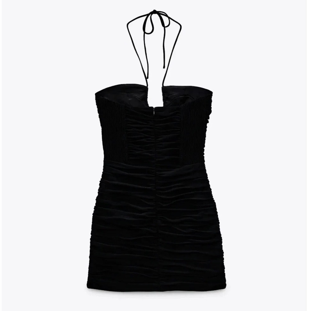 Black Ruched Halter Neck sexy Mini Dress Bodycon sz S Sexy Baddie Grunge Goth - Picture 2 of 8